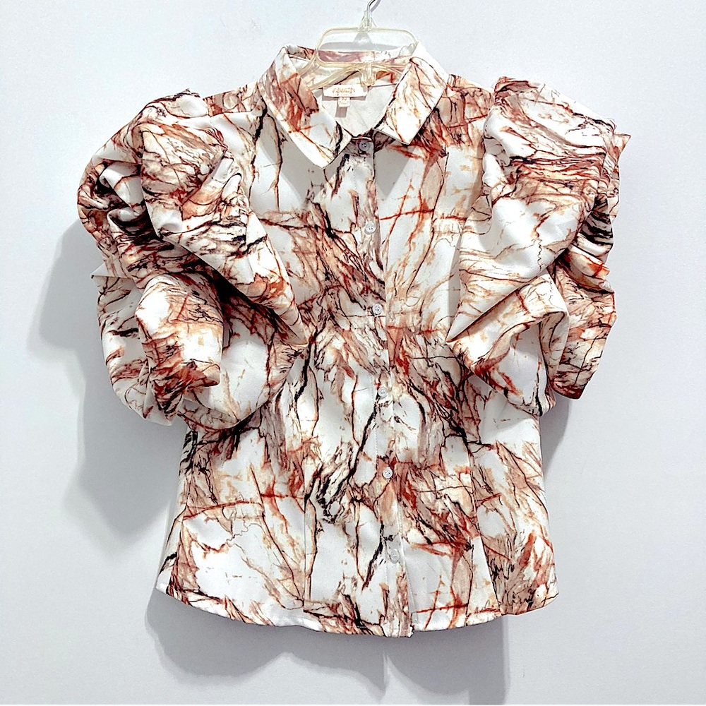 A Peach Women’s Puff Fluted Sleeve Marble White & Brown Button Down Shirt - Picture 5 of 8